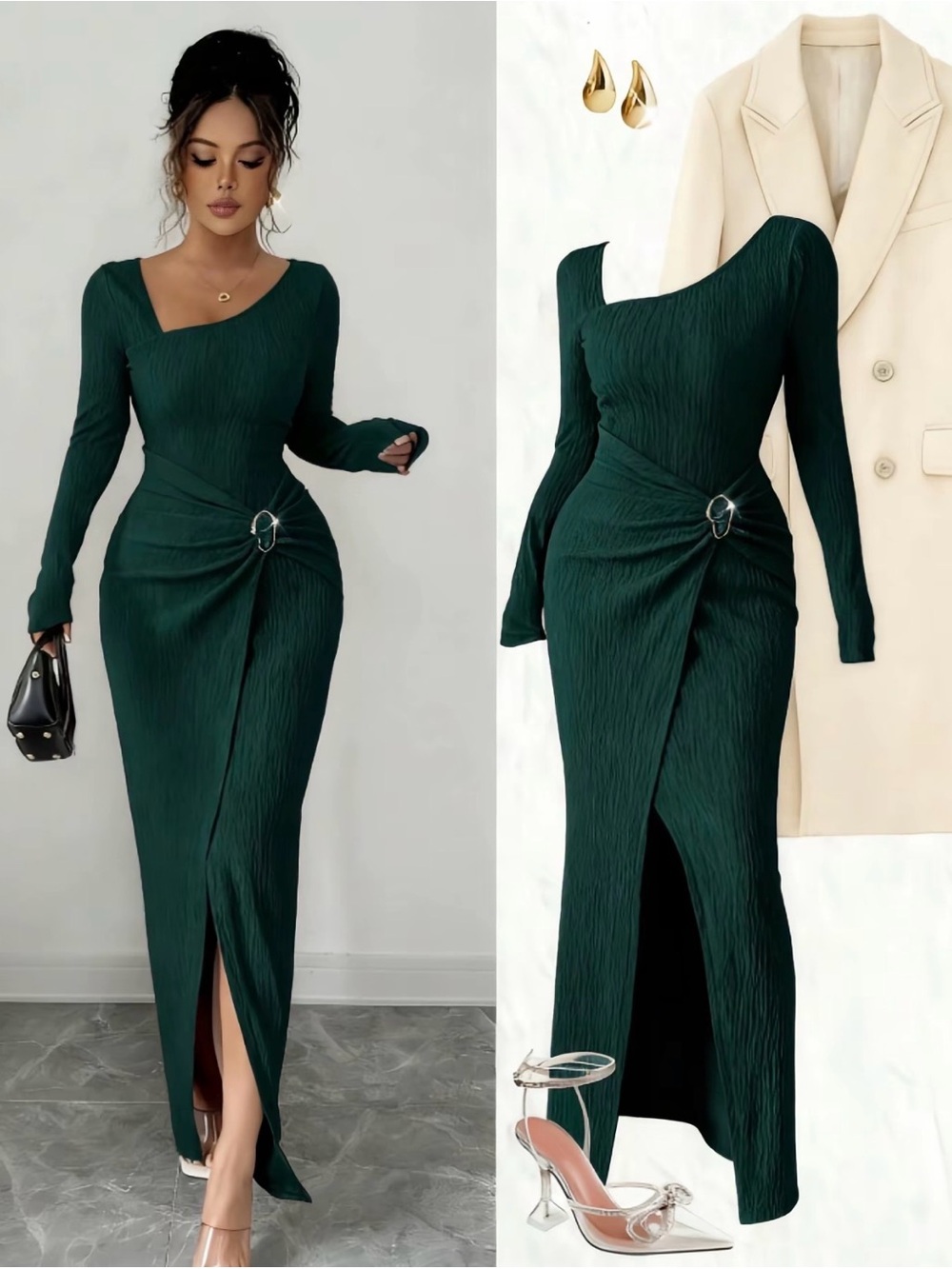 Elegant Green Long-Sleeve Asymmetric Maxi Dress with Side Ring Detail